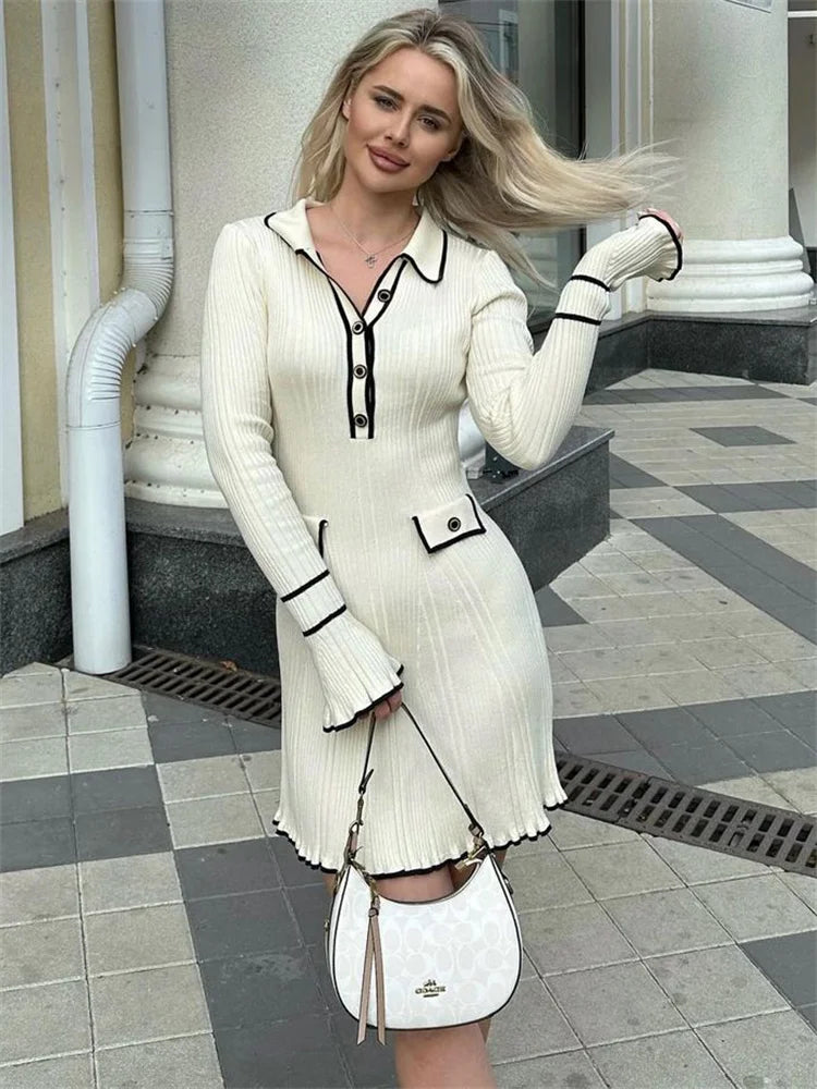 Tossy Ruffled Fashion Knit Dress Women Autumn Ribbed Contrast Long Sleeve High Waist Lapel Gown Dress Knitwear Ladies Maxi Dress