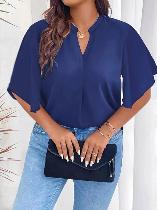 Latest Plus Size Women's Fashion V-neck Solid Color Shirt Women's Casual Solid Color Fashion Top Shirt