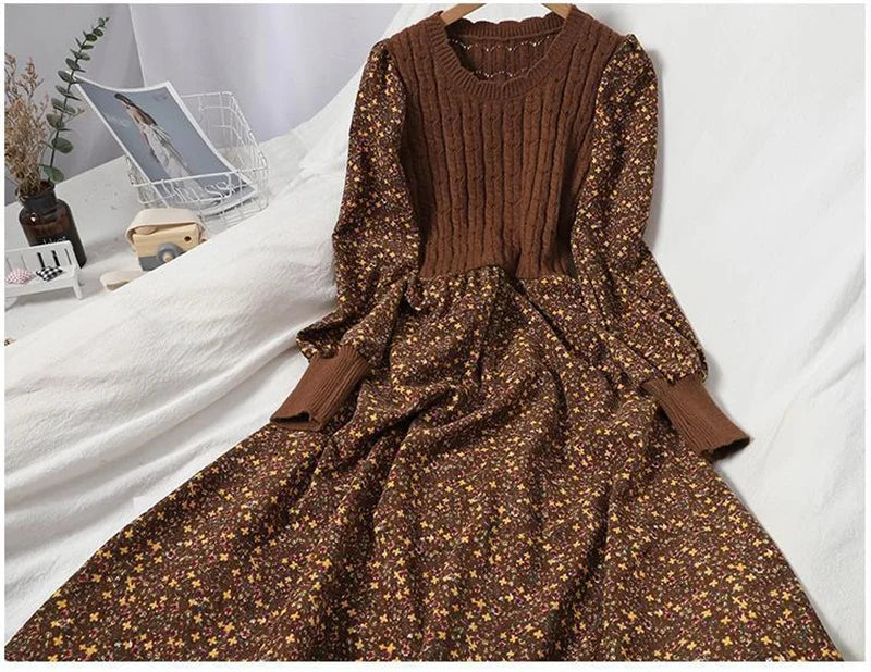 2023 Autumn Winter New Korean Version of Age-reducing Splicing Strap Slimming Knitted Long Dress Fashion Corduroy Floral Dress