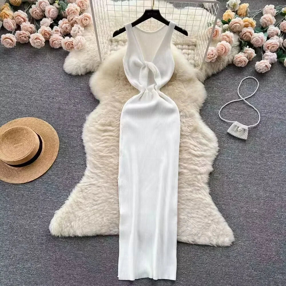 OCEANLOVE Korean Knitted Robe Femme Summer V Neck Sleeveless Kink Hollow Out Sexy Slim Bodycon Dress Split Fork Long Vestidos