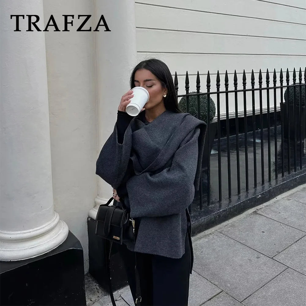 TRAFZA 2024 Autumn Winter Women Casual Knitted Jacket Fashion Solid Streetwear Loose Scarf Collar Demi-season Jacket For Women