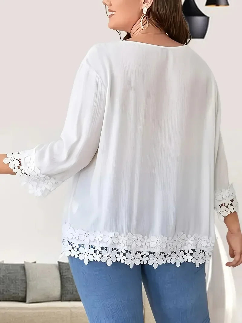 Plus Size 1XL-5XL Women's Casual Solid Color Shirt Ladies Fashion Lace Trim Spring Summer Casual Blouse Top