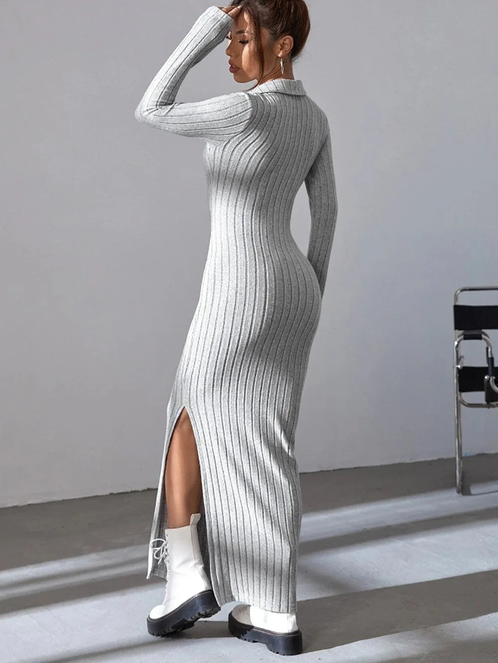 2024 Europe And The United States Autumn And Winter New Knitted Slim-Fit Lapel Long Sleeve Pit Strip Solid Color Tight Dress