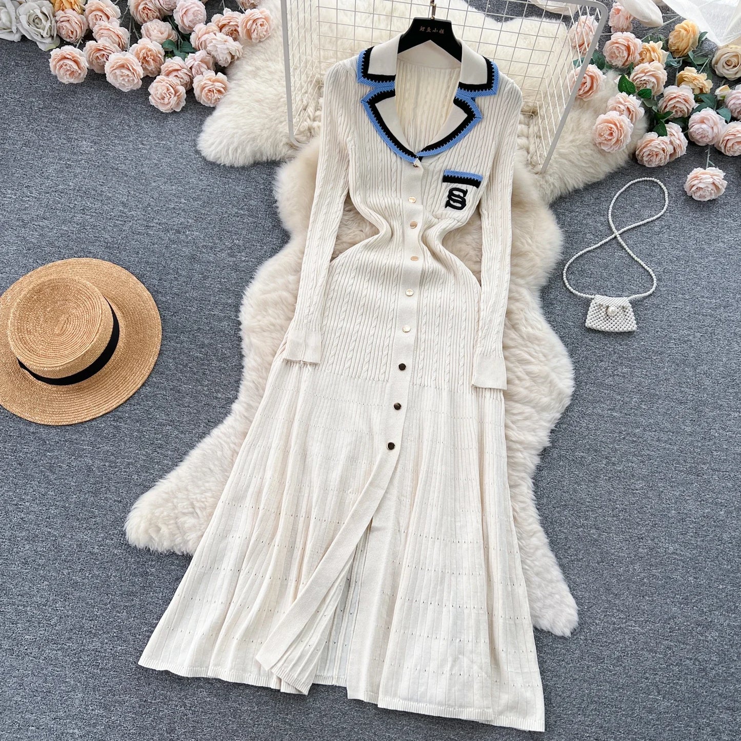 Women Elegant Knitted Dress Spring Autumn Long Sleeve Sexy V-neck Bodyon Dresses Ladies Slim A-line Single Breasted Sweater Robe