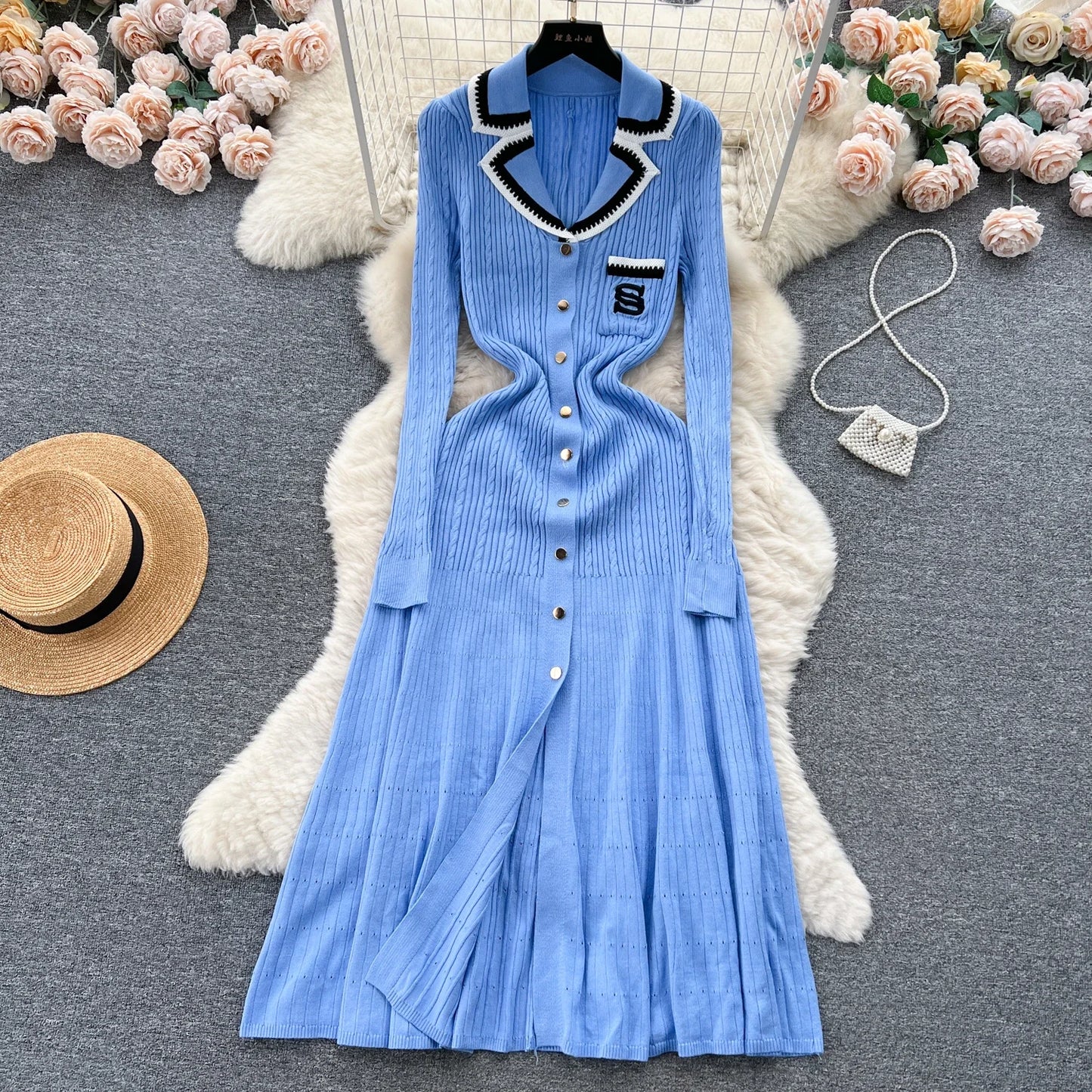 Women Elegant Knitted Dress Spring Autumn Long Sleeve Sexy V-neck Bodyon Dresses Ladies Slim A-line Single Breasted Sweater Robe