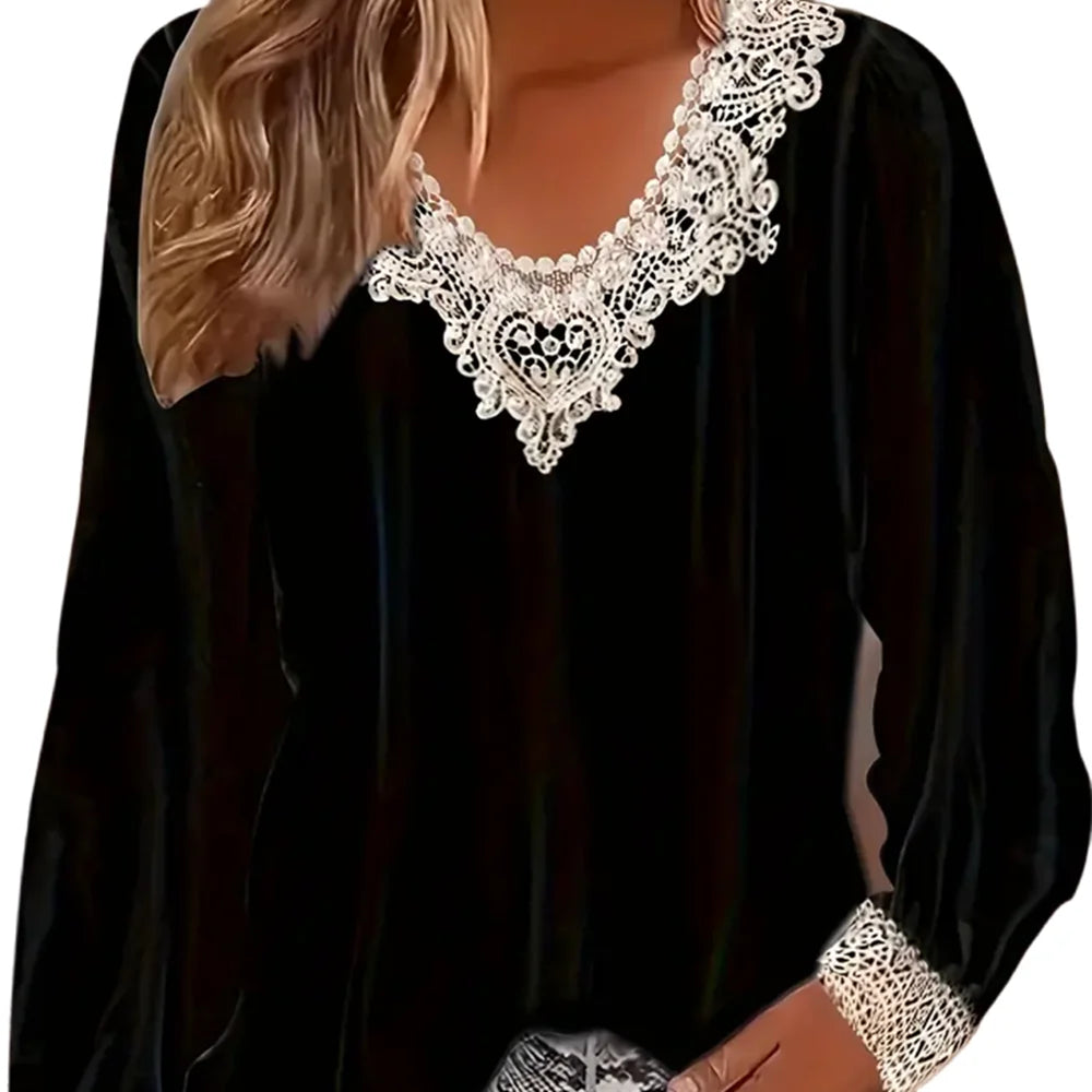 Spring and Autumn Plus Size Women's Lace Patchwork Round Neck Top Casual Long Sleeved Top Women's Plus Size Clothing