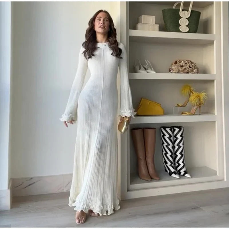 Women Elegant Ruffle Hem Knit White Long Dress O-neck Flare Long Sleeve Backless Bandage Dresses 2024 New Evening Party Robes