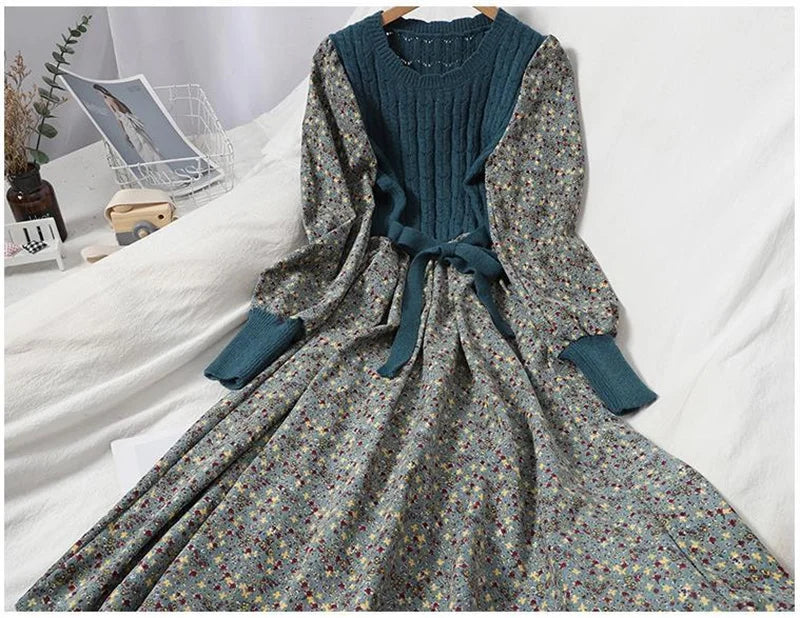 2023 Autumn Winter New Korean Version of Age-reducing Splicing Strap Slimming Knitted Long Dress Fashion Corduroy Floral Dress