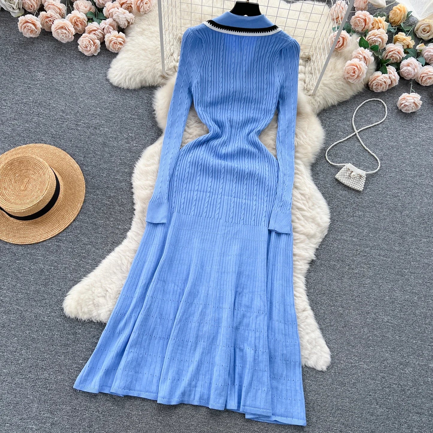 Women Elegant Knitted Dress Spring Autumn Long Sleeve Sexy V-neck Bodyon Dresses Ladies Slim A-line Single Breasted Sweater Robe