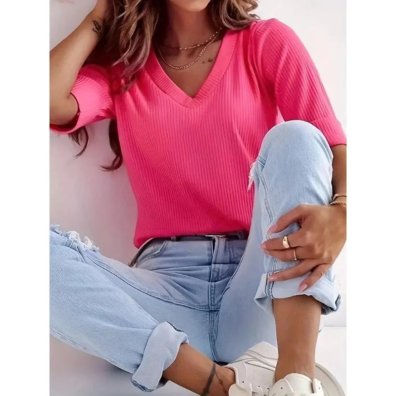 Summer Plus Size Casual V-neck Women's T-shirt Fashionable Solid Color Micro Elastic Women's Short Sleeved Top