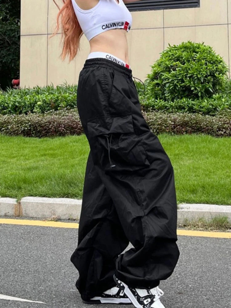 Y2K Parachute Black Pants Women Hippie Streetwear Oversize Pockets Cargo Trousers Harajuku Wide Leg Baggy Sweatpants