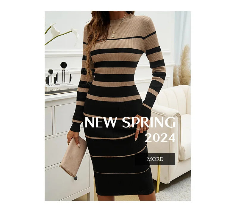 Women Sweater Long Dresses,2024 Autumn Steiped Casual Dress,Women Clothing,dresses 2024 Women,Long Sleeve Dresses