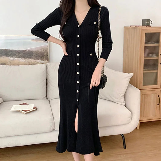 YuooMuoo Chic Fashion Elegant Single-breasted Knitted Long Dress 2024 Autumn Winter Korean Office Lady Wrap Hips Bodycon Vestido