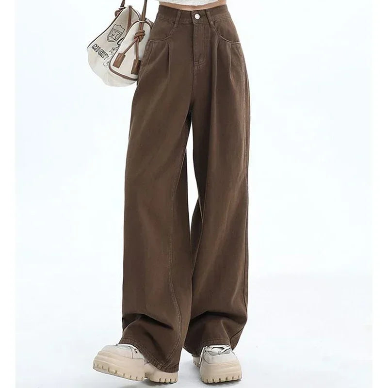 Woman High Waist Fashion Thermal Wide Leg Jeans Female Y2k Clothes Baggy Pants Girl Winter Snow Warm Khaki Coffee Denim Trousers