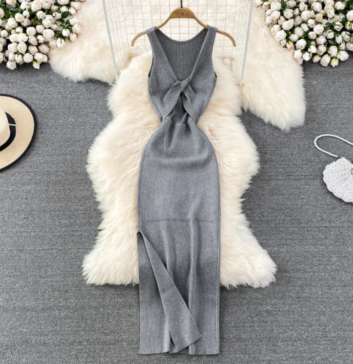 OCEANLOVE Korean Knitted Robe Femme Summer V Neck Sleeveless Kink Hollow Out Sexy Slim Bodycon Dress Split Fork Long Vestidos