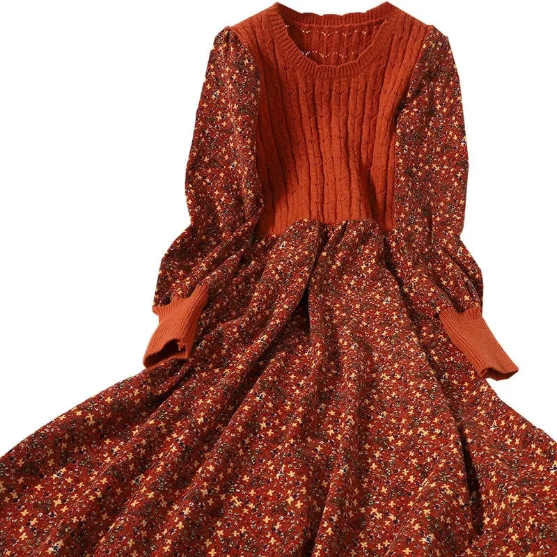 2023 Autumn Winter New Korean Version of Age-reducing Splicing Strap Slimming Knitted Long Dress Fashion Corduroy Floral Dress