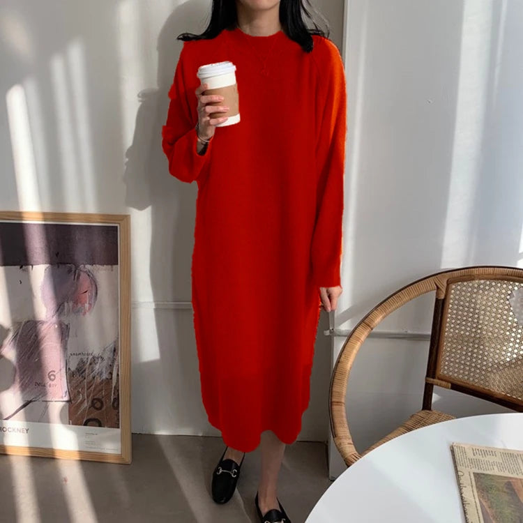 REALEFT Autumn Winter 2023 New O-Neck Casual Loose Knitted Dress Female Straight Long Sleeve Oversize Sweater Womens Long Dress