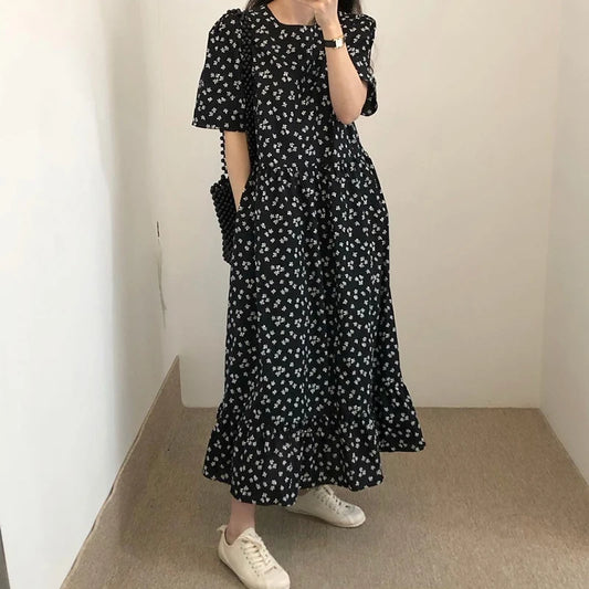 New Women Daily Baggy Floral Dress Lady Retro Versatile Holiday Long Dress Female Soft Leisure Work Black Short Sleeved Dress