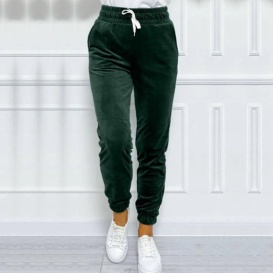 Solid Drawstring Velvet Jogger Pants Versatile Comfy Pants For Fall & Winter Women's Clothing