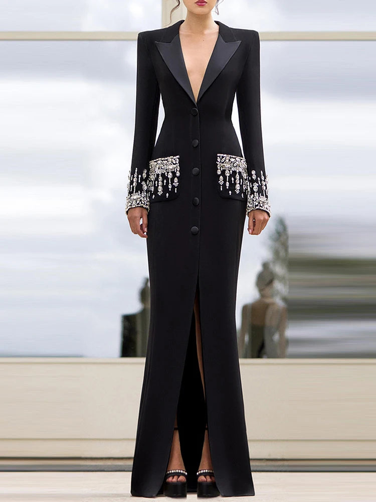 HIGH STREET Newest 2024 Designer Fashion Women's Long Sleeve Notched Collar Rhinestone Diamonds Beading Maxi Long Dress