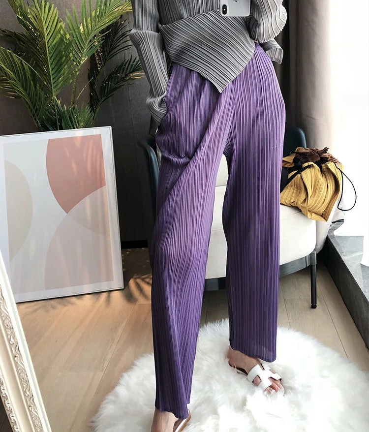 Miyake Pleats Classic Solid Color Simple Drape Straight-leg Pants Women 2023 Summer High Elastic Waist All-matched Pants