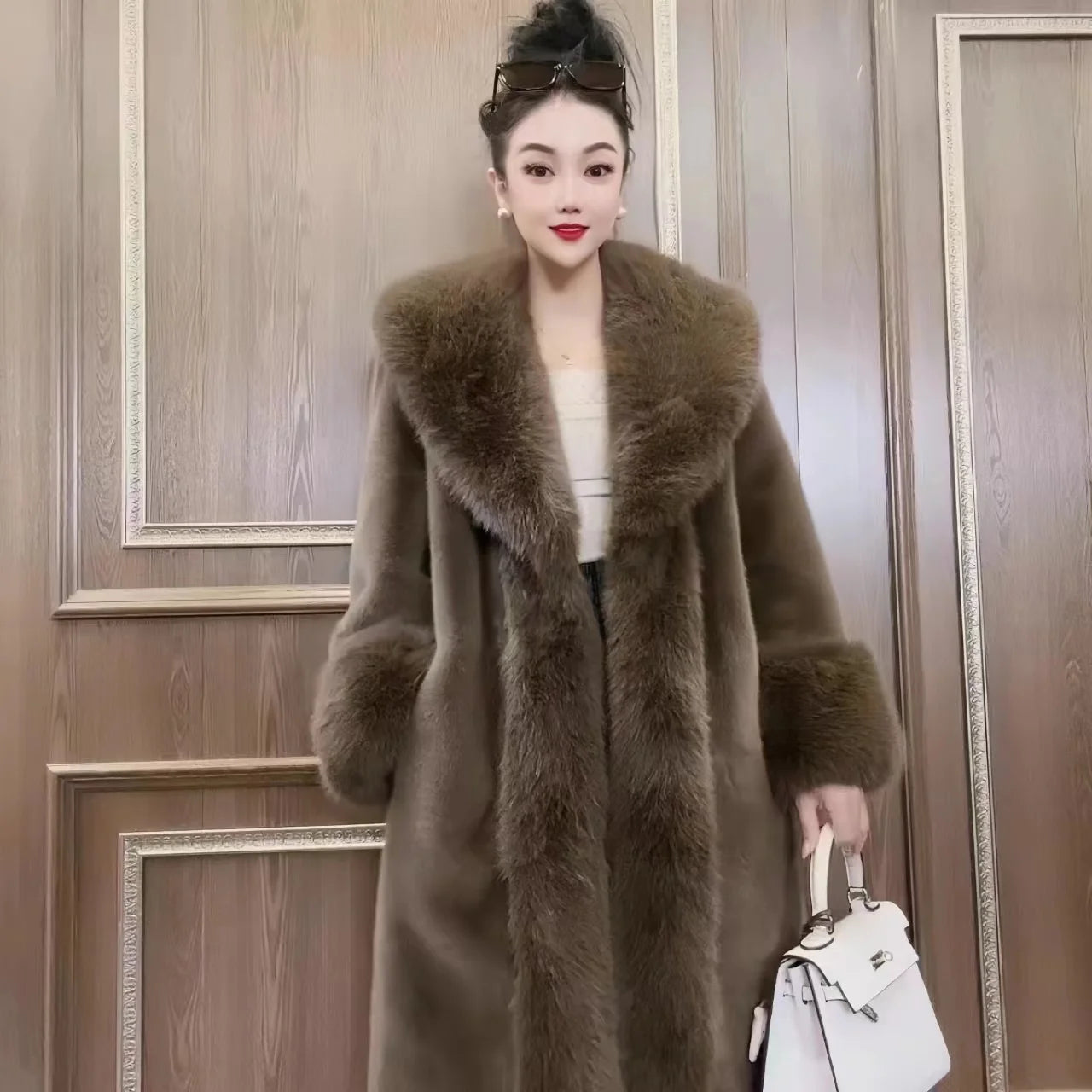 Long Faux Fur Coat for Women, Turn-down Collar, Loose Thicken Warm Teddy Jacket, High Quality, Female Clothes, New ,Winter