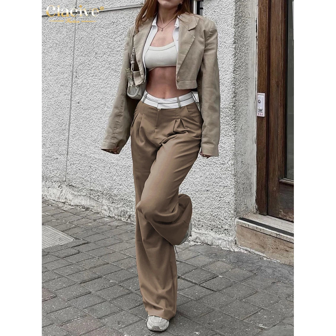 Clacive Elegant Loose Gray Office Women Pants Fashion High Waist Straight Trousers Casual Chic Spliced Full Length Female Pants