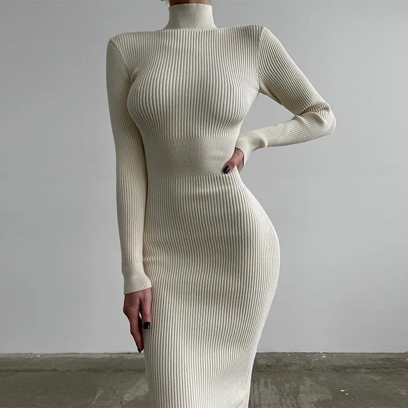 2022 Autumn Winter Midi Sweater Dress Women Casual Ribbed Knitted Turtleneck Long Sleeve Dresses Outfits Bodycon Sexy Club Party