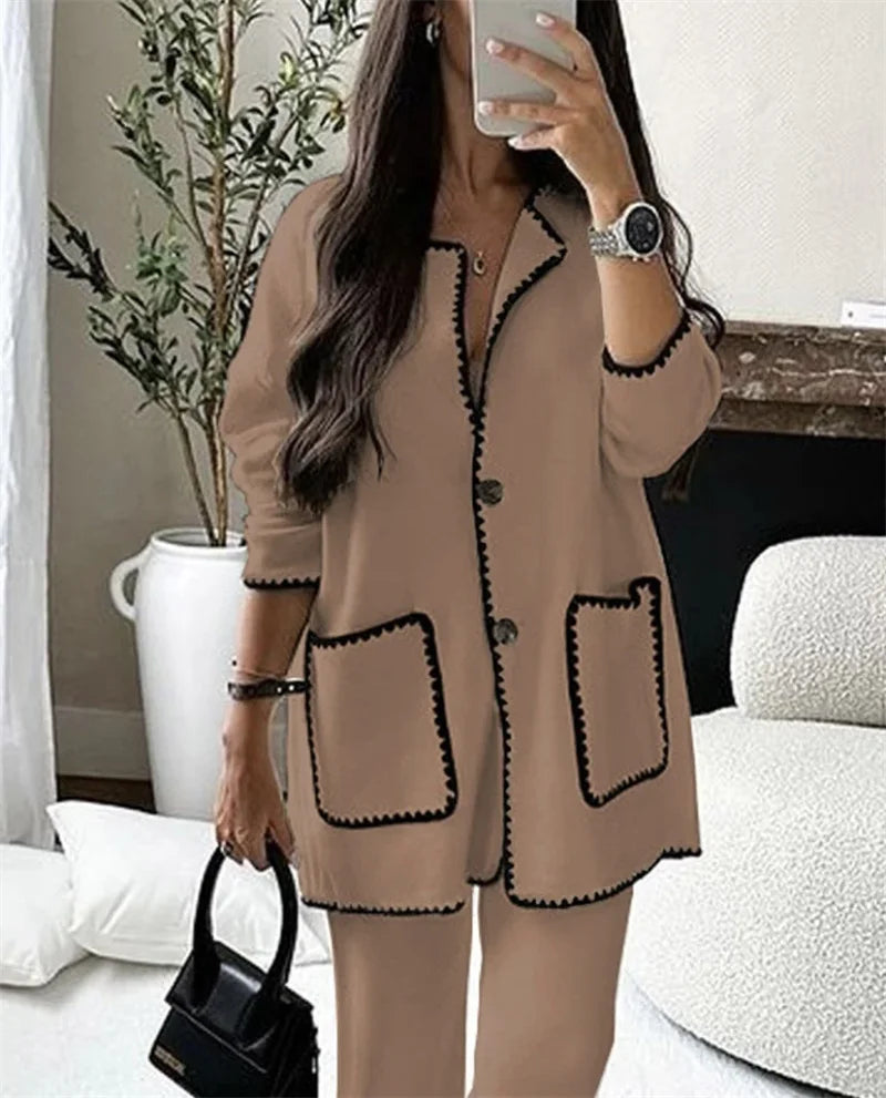 Women Autumn Two-piece Set Double Pocket Single-breasted Cardigan Tops Comfortable Casual Straight Pants New Korean Female Suits