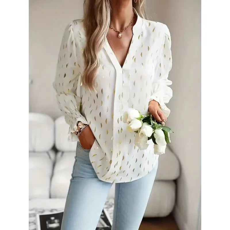 Women's Plus Size 1XL-5XL Fashion V-neck Shirt Gold-plated Long-sleeved Top Elegant Temperament Shirt Women