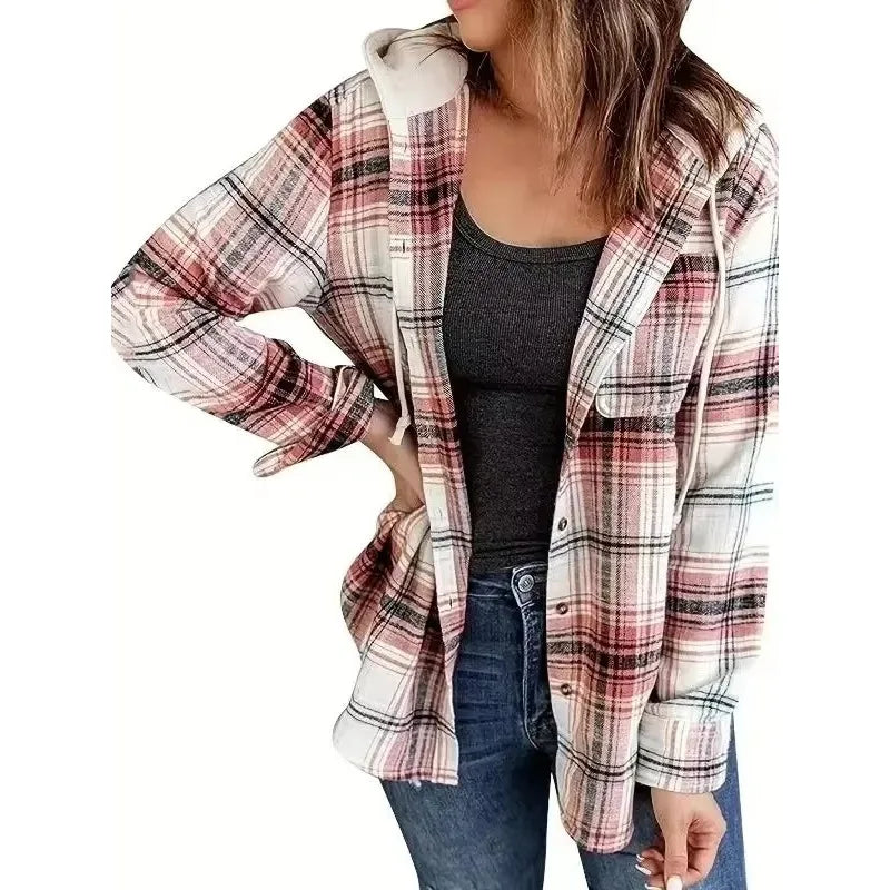 Plus Size 1XL-5XL Summer Women Casual Plaid Print Shirt Hooded Casual Long Sleeve Drawstring Shirt Fashion Loose Versatile Top