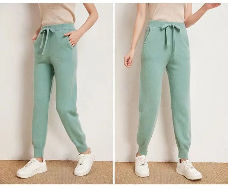 Women's 100% Wool Knitted Trousers, Casual Sports Sweatpants, Korean Version, Small Leg Pants, Female Cashmere Fashion Pants