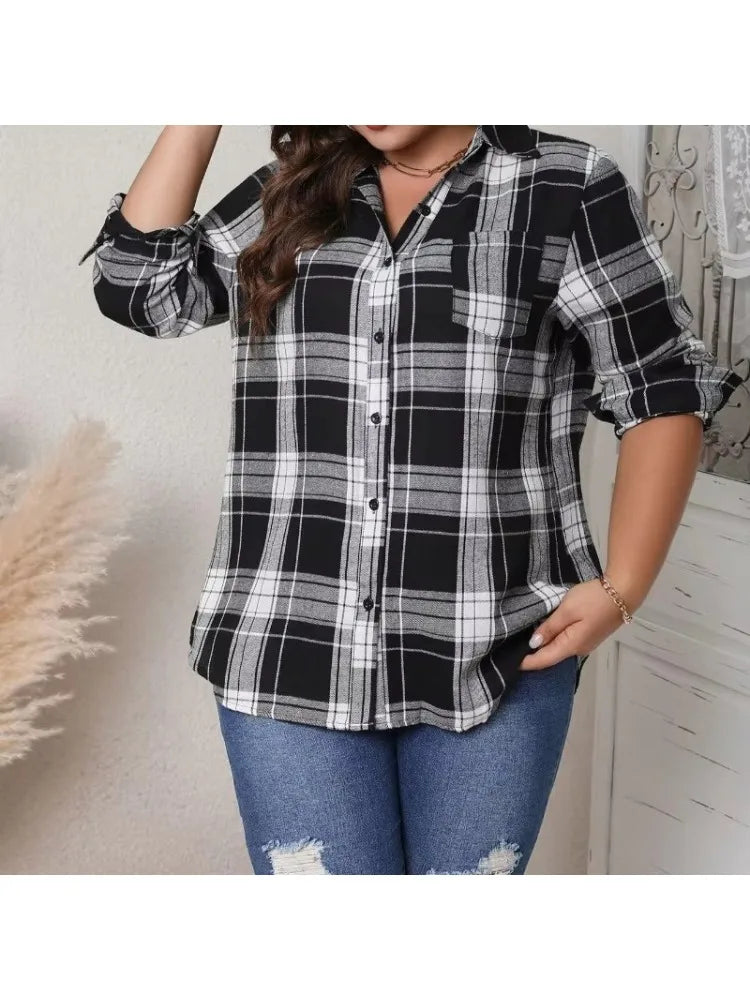 Women's New Fashionable Temperament Plus Size Women's Button Plaid Long Sleeved Top