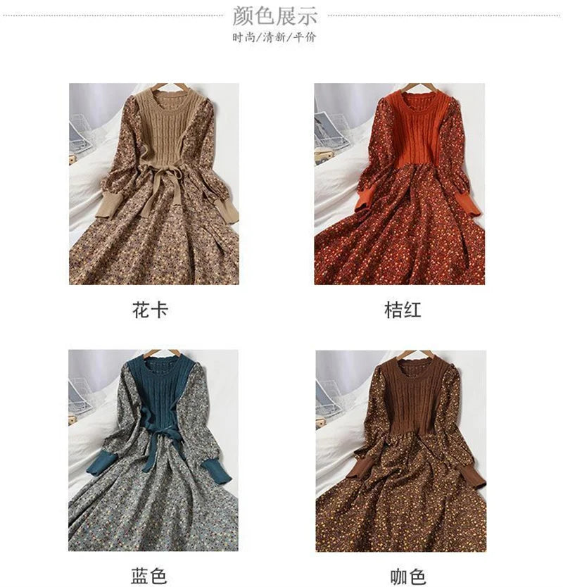 2023 Autumn Winter New Korean Version of Age-reducing Splicing Strap Slimming Knitted Long Dress Fashion Corduroy Floral Dress