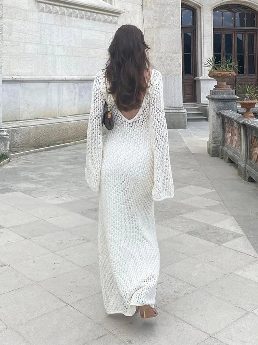 Sexy Women White Long Knit Sleeve Bikin Fashion Cover up Female See-Through Deep V-Neck Hollow-Out Beach Knitwear Backless Dress