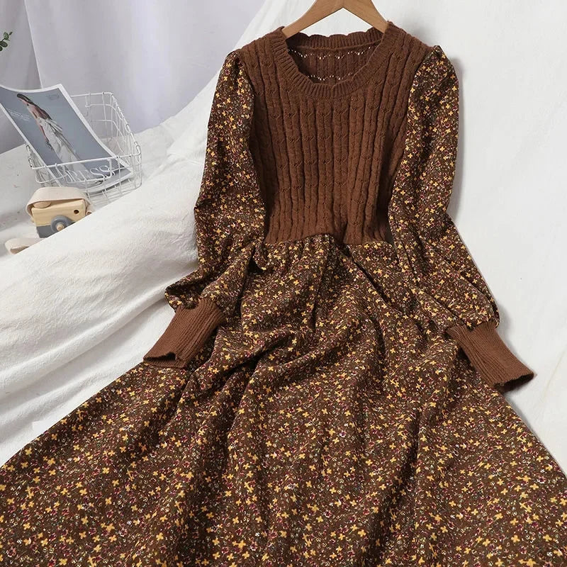 2023 Autumn Winter New Korean Version of Age-reducing Splicing Strap Slimming Knitted Long Dress Fashion Corduroy Floral Dress