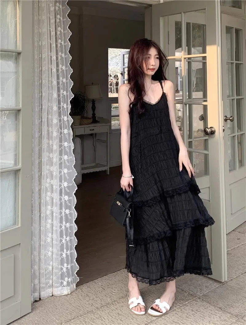 Summer Befree Long Vintage Casual Ruffles Elegant Maxi Strap Camis Silky Beach Lace Elegant Party Dress Vestidos Sexy Women