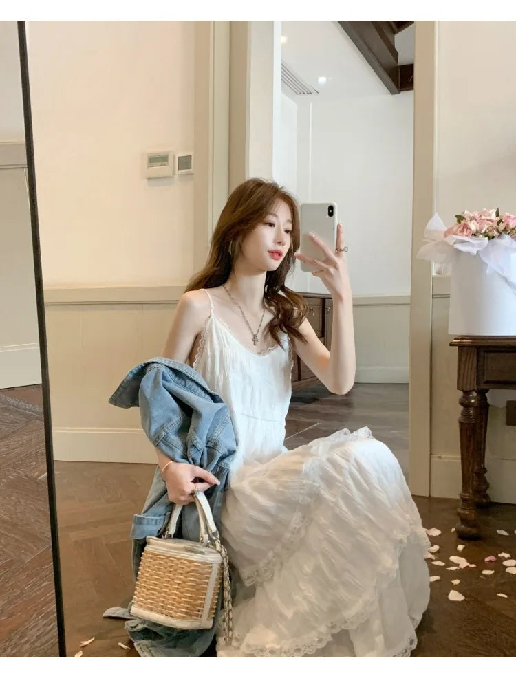 Summer Befree Long Vintage Casual Ruffles Elegant Maxi Strap Camis Silky Beach Lace Elegant Party Dress Vestidos Sexy Women