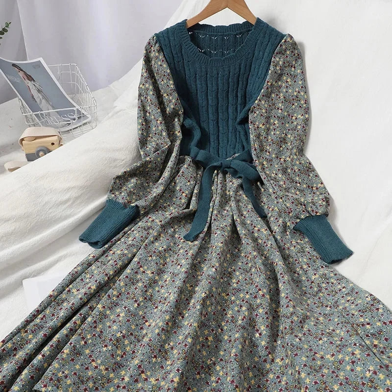 2023 Autumn Winter New Korean Version of Age-reducing Splicing Strap Slimming Knitted Long Dress Fashion Corduroy Floral Dress