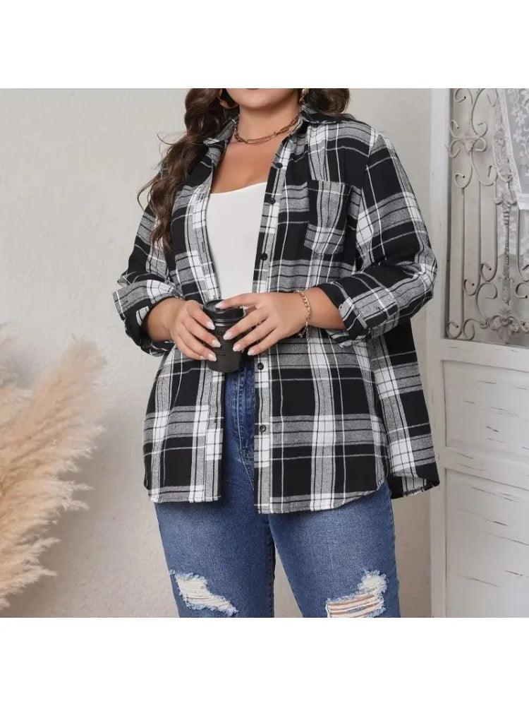 Women's New Fashionable Temperament Plus Size Women's Button Plaid Long Sleeved Top