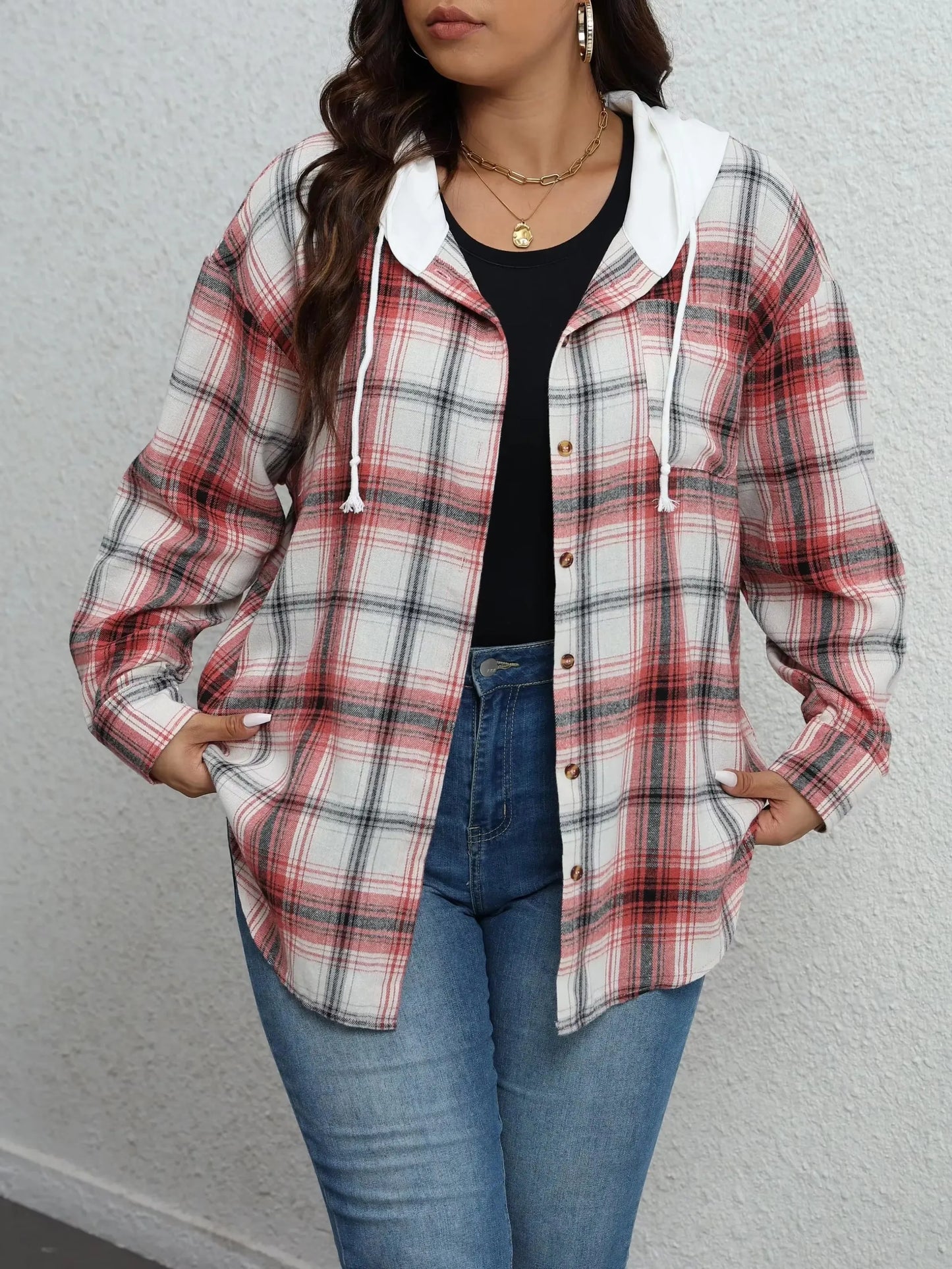 Plus Size 1XL-5XL Summer Women Casual Plaid Print Shirt Hooded Casual Long Sleeve Drawstring Shirt Fashion Loose Versatile Top