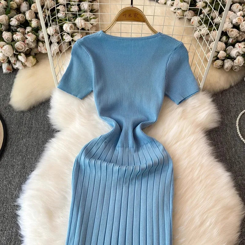 YuooMuoo Women Dress 2024 New Chic Fashion Sexy Package Hips Knitted Summer Dress Office Lady Bodycon Long Dress Party Vestidos