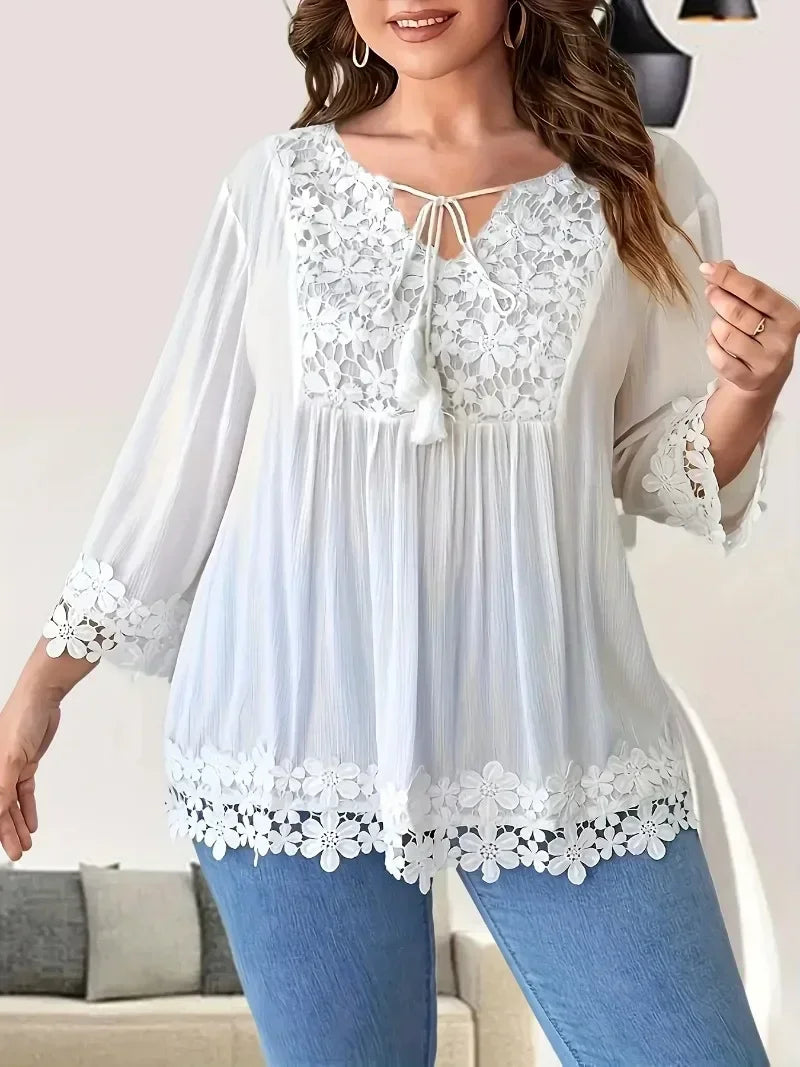 Plus Size 1XL-5XL Women's Casual Solid Color Shirt Ladies Fashion Lace Trim Spring Summer Casual Blouse Top