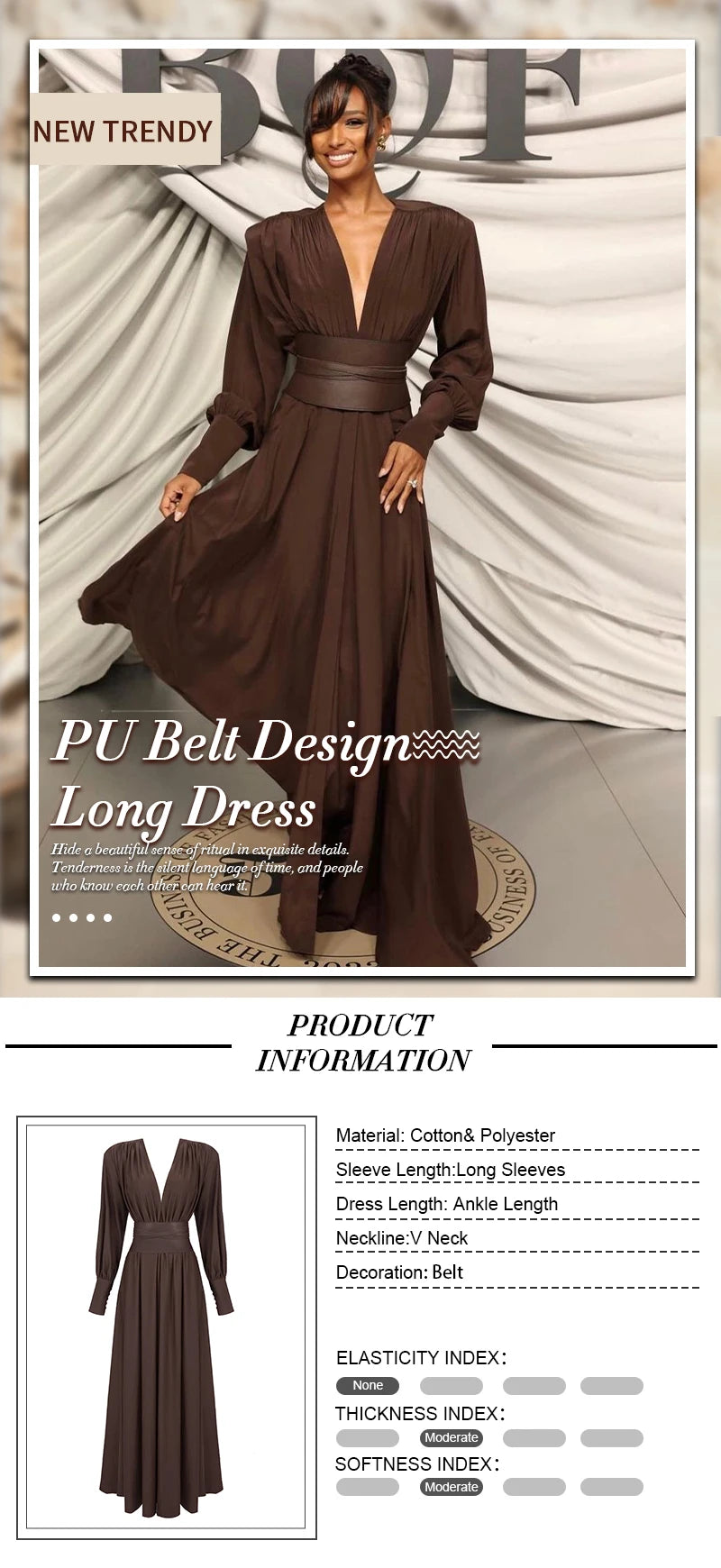 VC 2024 Spring Fashion Dresses For Women Plunging V Neck High Waist Belt Long Sleeves Wedding Party Dress Brown Gowns