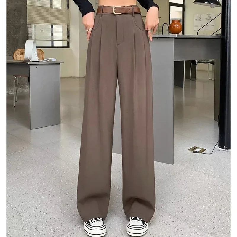 Women Fashion Suit Pants Lady Baggy High Waist Wide Leg Breathable Trousers Lady Straight Leg Slacks Gray Coffee Classic Pants