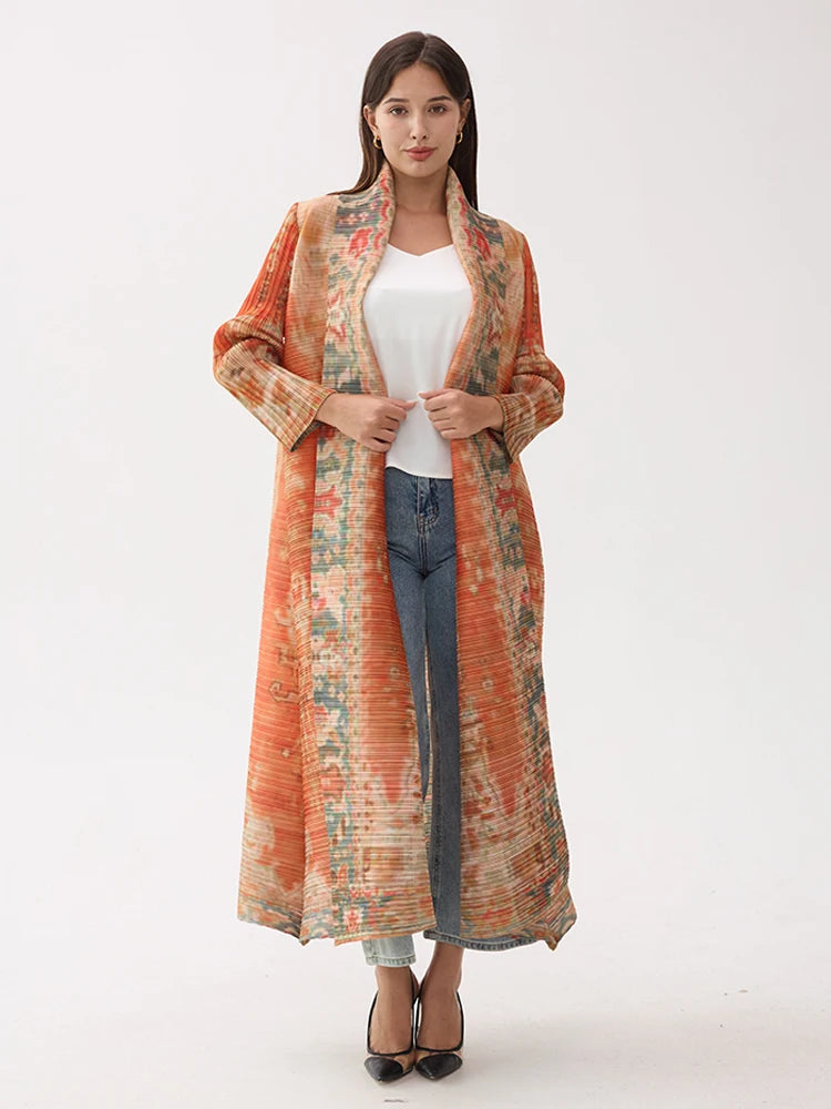 Miyake Pleated Vintage Printed Turn-down Collar Long Sleeve Long Jacket Women Designer Abaya New Dubai Style Plus Size Coats