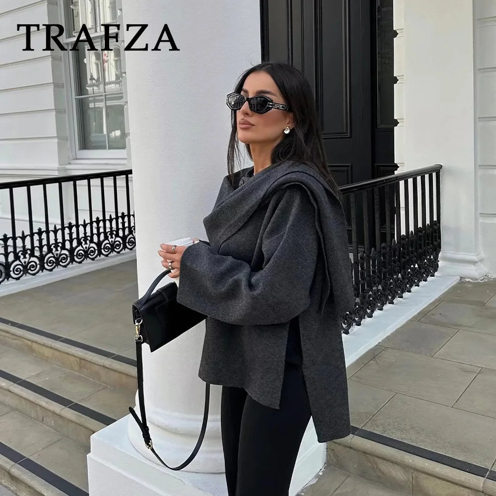 TRAFZA 2024 Autumn Winter Women Casual Knitted Jacket Fashion Solid Streetwear Loose Scarf Collar Demi-season Jacket For Women