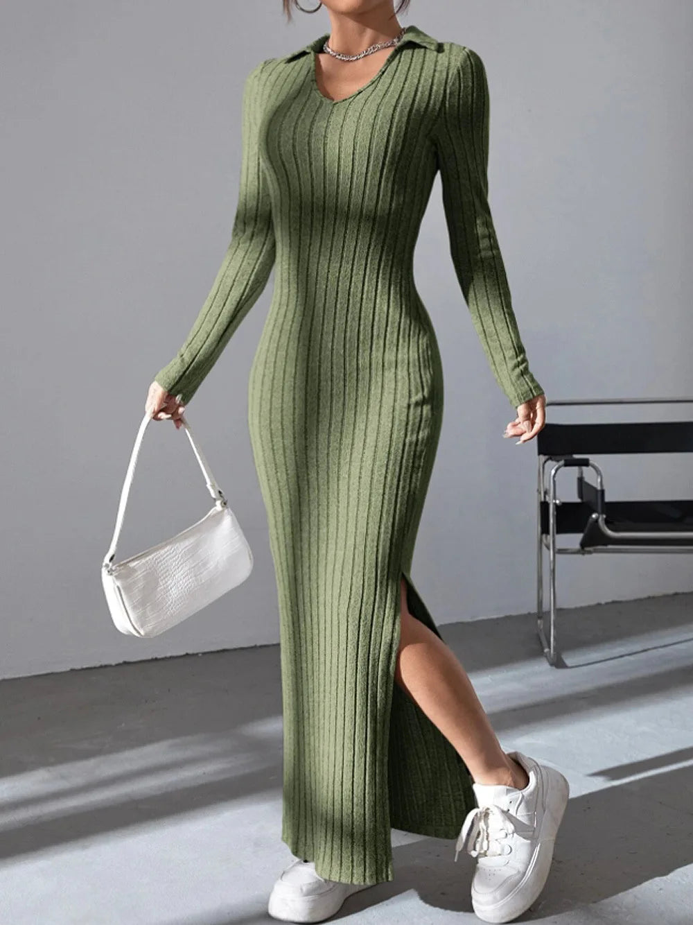 2024 Europe And The United States Autumn And Winter New Knitted Slim-Fit Lapel Long Sleeve Pit Strip Solid Color Tight Dress