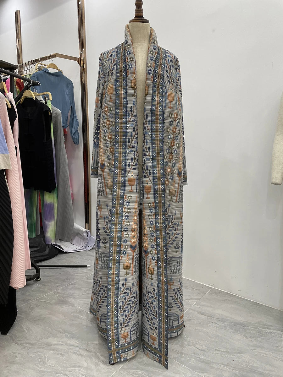 Miyake Pleated Vintage Printed Turn-down Collar Long Sleeve Long Jacket Women Designer Abaya New Dubai Style Plus Size Coats