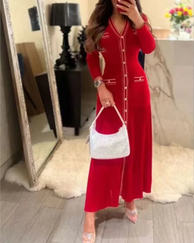 Autumn Retro Red V-neck Single-Breasted Knitted Slim Long Dress Comfortable Casual Office Ladies Metal Button Dress 5210703